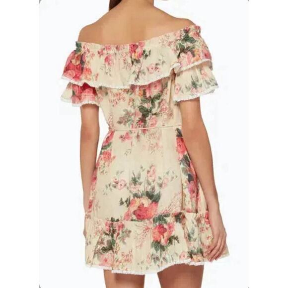 Zimmermann Laelia Frill Tier Short Mini Dress Off Shoulder Floral Linen 2 US 8 - Picture 4 of 9